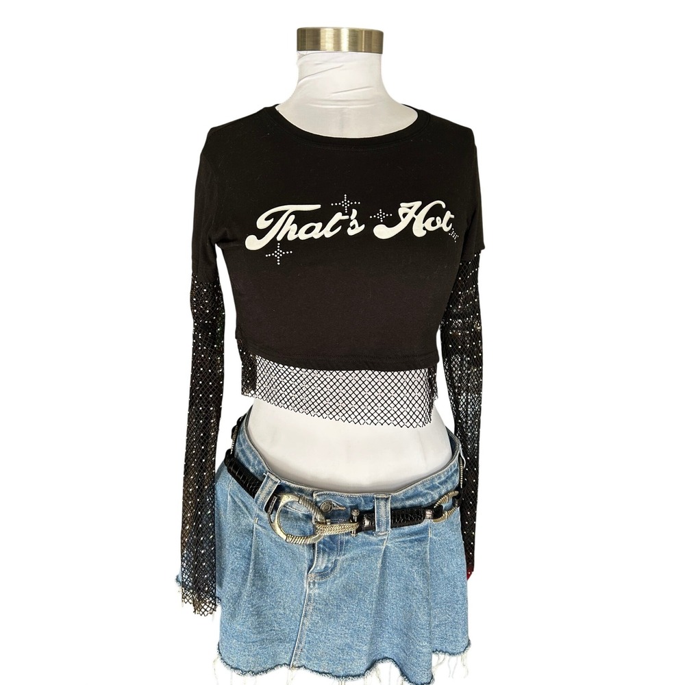 Y2K Paris Hilton Thats Hot Crop Top Black Fishnet Mesh Rhinestone Long Sleeve S